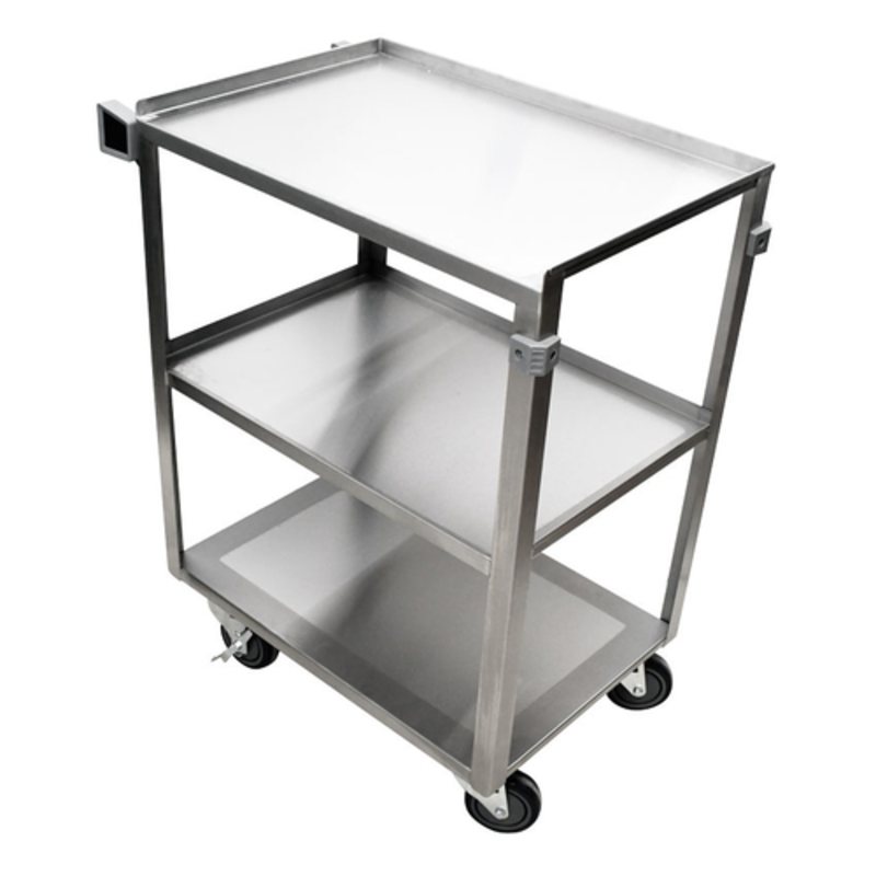 Omcan 44697 Stainless Steel Welded 400 lbs. Capacity Utility Cart three-shelf stainless service cart with casters