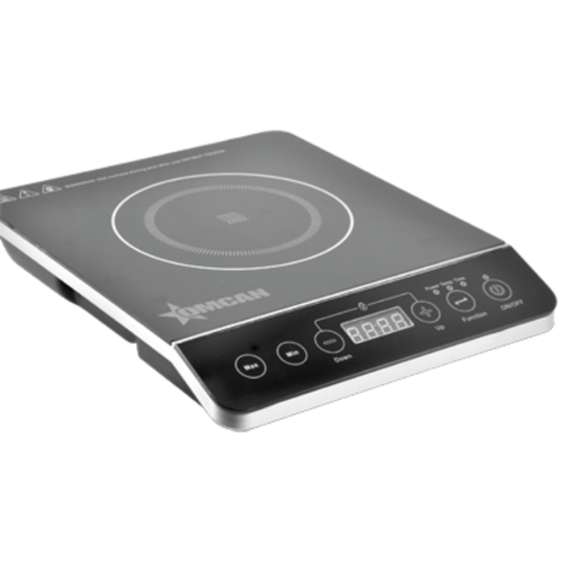 Alt Tag: Omcan 45486 Countertop Induction Cooker with 1800W Power countertop unit with black crystal glass plate and digital touch controls