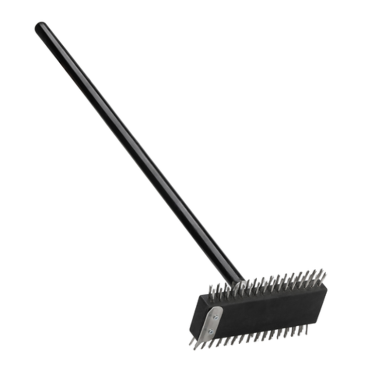 Alt Tag: Omcan 80947 Oven Pizza Brush with 36-inch Handle Scraper with brass bristles and stainless steel scraper for cleaning pizza ovens