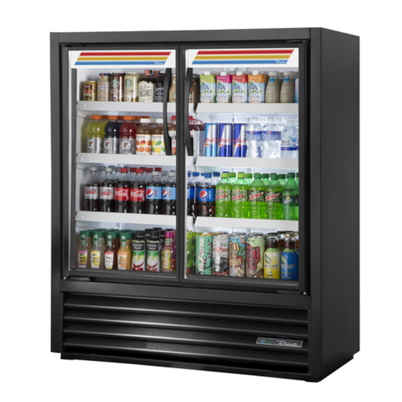 True TVM-48SL-54-HC-VM01 47-Inch Slim Line Visual Merchandiser Refrigerator Displaying Various Beverages.