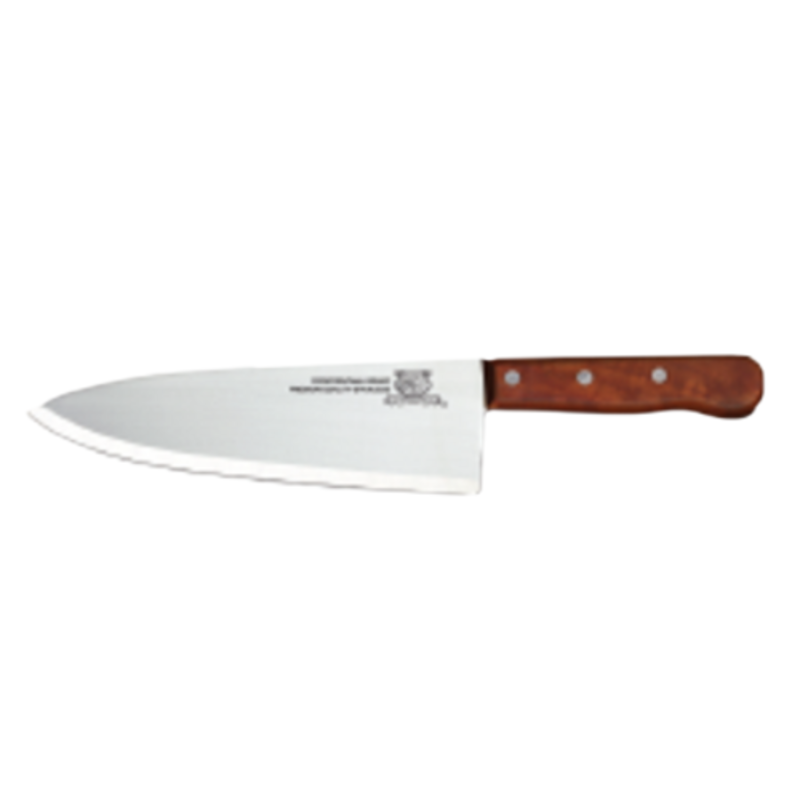 Alt Tag: Omcan 11477 Chef Knife 10-inch Medium Blade with Wood Handle, stainless steel chef knife with riveted wood handle, side view