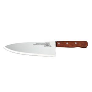 Alt Tag: Omcan 11477 Chef Knife 10-inch Medium Blade with Wood Handle, stainless steel chef knife with riveted wood handle, side view