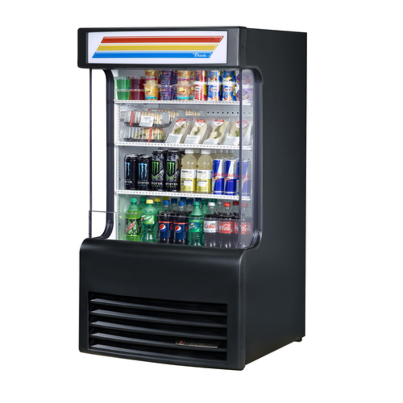 True TAC-14GS-LD 30.25 Inch Vertical Air Curtain Refrigerator Displaying Drinks And Snacks