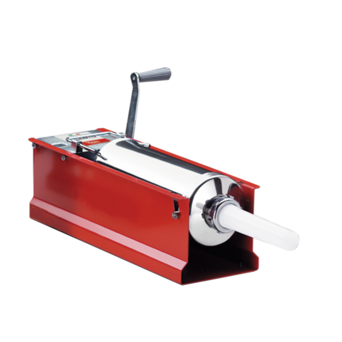 Alt Tag: Trento 48161 Manual Sausage Stuffer 7 Liter Capacity Red Horizontal - red horizontal manual sausage stuffer with crank handle and stuffing tube