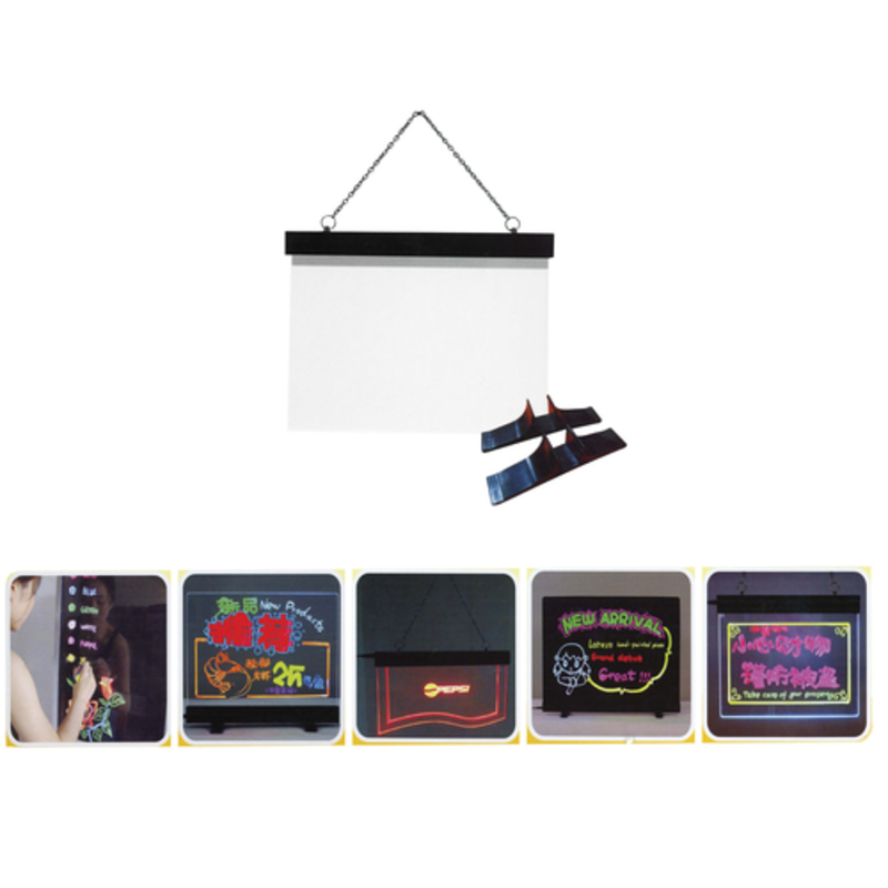 Omcan 39861 LED Fluorescent Write-On Display Board Desktop Hanging with hanging chain, erasable board and LED marker pens