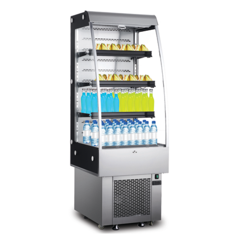 Omcan 25825 24-Inch Grab-and-Go Open Floor Refrigerated Merchandiser open refrigerated display case with shelves for drinks and snacks