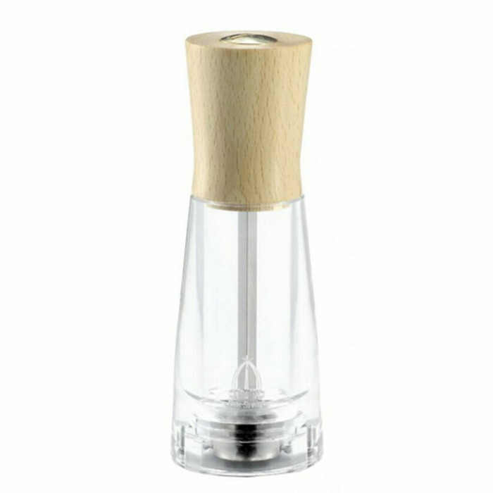 Alt Tag: Omcan 43698 Classic 6-Inch Wooden Salt Mill with Metal Grinder clear acrylic body and wooden top, tabletop seasoning grinder