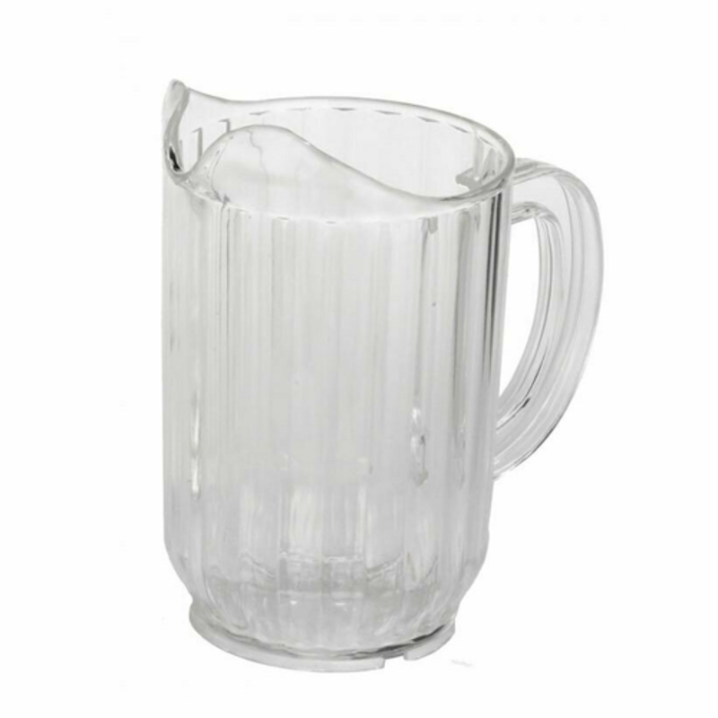 Alt Tag: Omcan 80083 Durable SAN Plastic Beverage Pitcher 1.7 Litre Capacity clear ridged pitcher with handle and pour spout