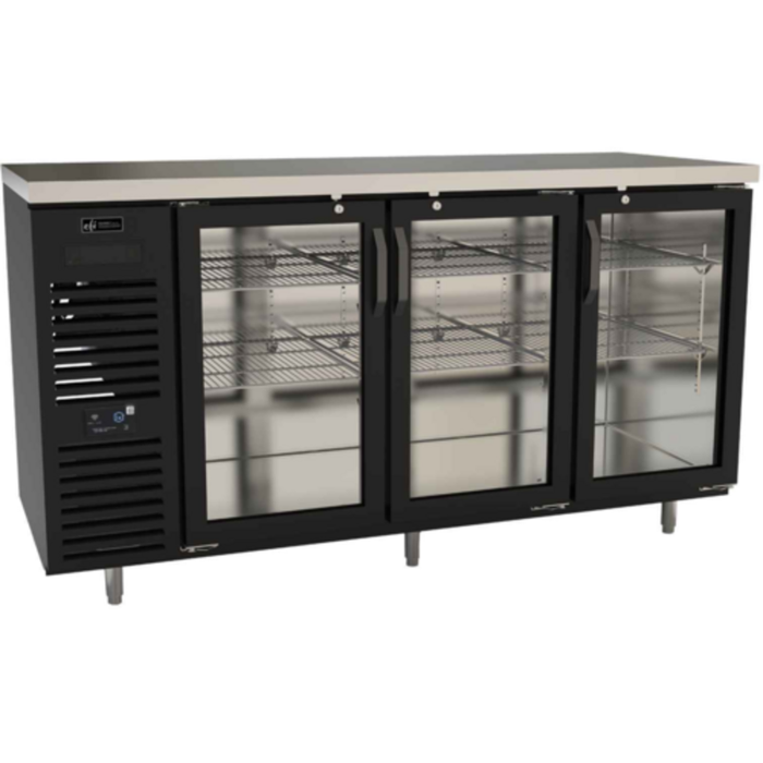 Versa Premier CBBGD3-28-72VCP Back Bar Refrigerator With Glass Doors Featuring Three Sections And Front Ventilation System.