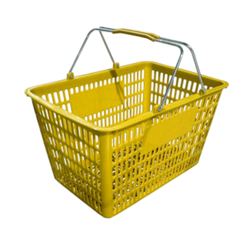 Alt Tag: Omcan Yellow Plastic Hand Held Shopping Basket with 50 lbs Capacity yellow retail basket with plastic-coated steel handles