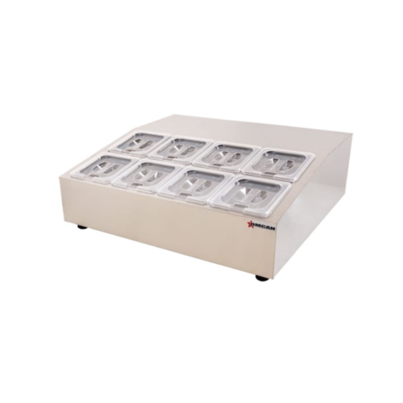 Tag alternatif : Rail de préparation réfrigéré OMCAN 47862 en acier inoxydable de 27,5" avec 8 moules à couvercle pour la préparation des ingrédients du bar à salade