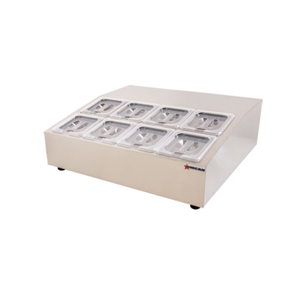 Tag alternatif : Rail de préparation réfrigéré OMCAN 47862 en acier inoxydable de 27,5" avec 8 moules à couvercle pour la préparation des ingrédients du bar à salade