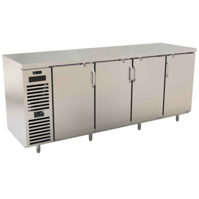 92 Inch Back Bar Refrigerator With Stainless Steel Exterior And Four Sections For Beverage Service
