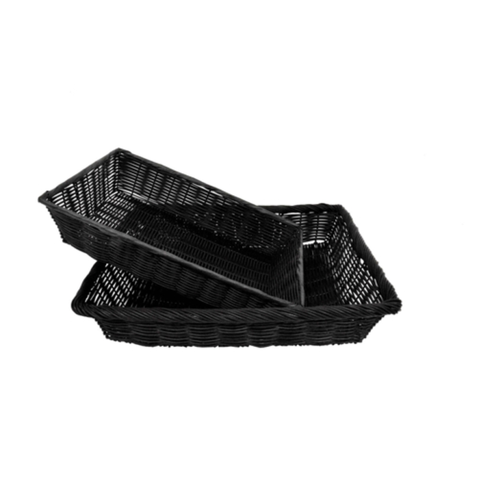 Étiquette alternative : Omcan 31426 panier alimentaire rectangulaire en plastique de 11 » x 8 » panier de service rectangulaire noir empilé pour le service de table au restaurant