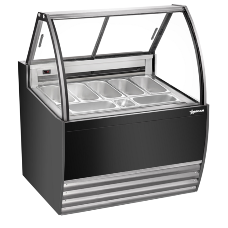 Alt Tag: Omcan 49006 41.3" Black Gelato Dipping Display Case Showcase with curved glass front and stainless gelato pans