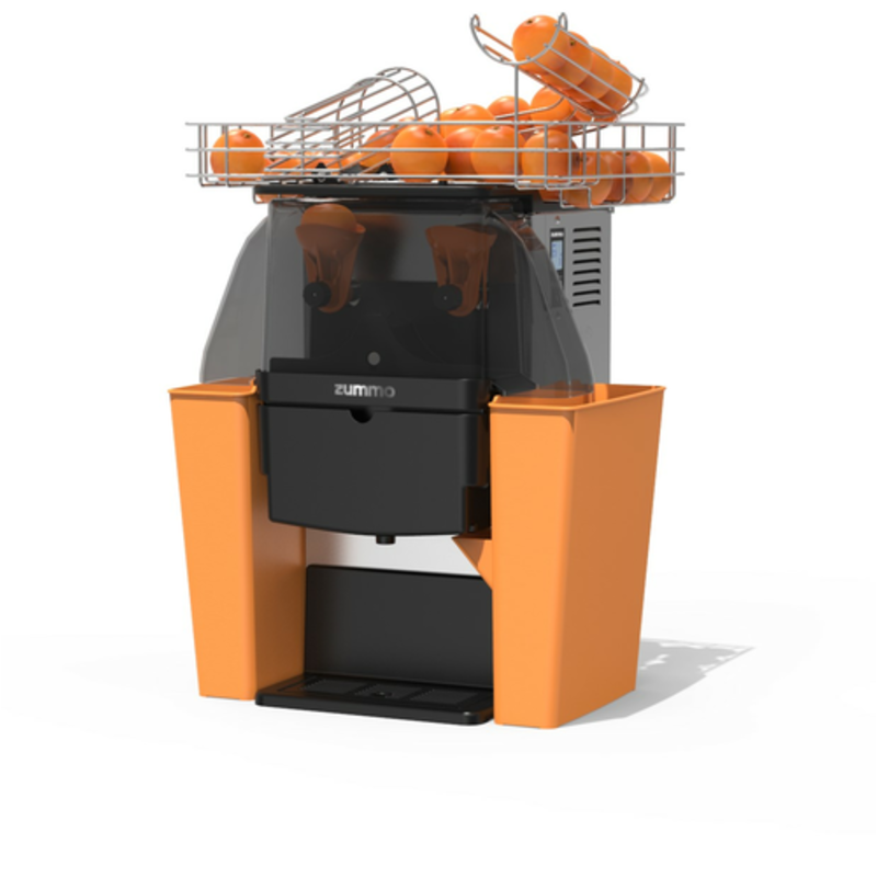 Alt Tag: Zummo Z06-N commercial automatic citrus juicer with 13 lbs basket capacity, stainless steel commercial juicer loaded with oranges
