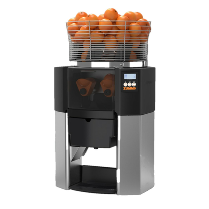 Alt Tag: Zummo ZI14-N automatic commercial juicer with orange feeder basket and stainless steel body, front view