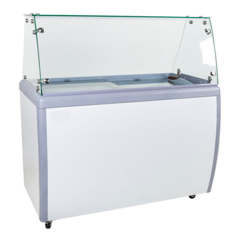 Omcan 44588 Ice Cream Dipping Freezer With Glass Top And Sneeze Guard Displaying Ice Cream Tub Capacity.