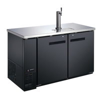 Alt Tag: OMCAN 50067 59-Inch Two Door Solid Door Draft Beer Cooler black two-door kegerator with stainless top and single draft tap