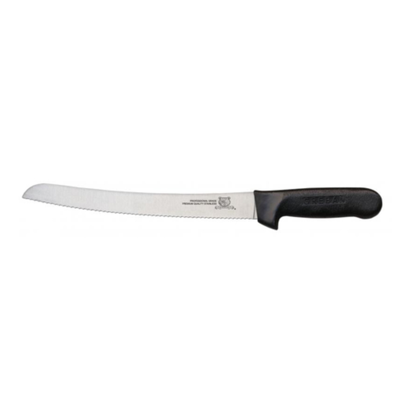 Omcan 12821 10-Inch Curved Narrow Wave Edge Slicer Knife commercial meat slicing knife with curved serrated blade and black handle