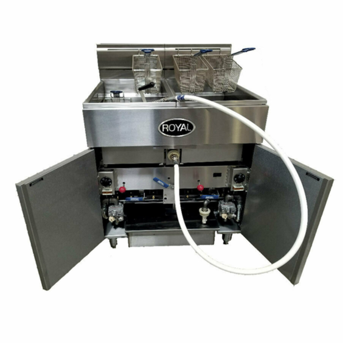 Royal RFT-75-2-EM 150 lb. Gas Floor Model Fryer Battery with Filtration