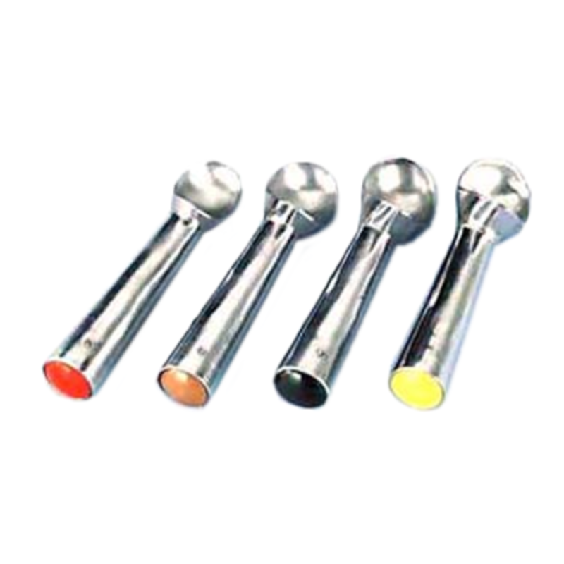 Four Metal Self-Defrosting Ice Cream Scoops With Different Color Handles For Portioning Frozen Desserts