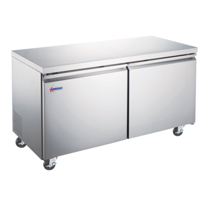 Alt Tag: OMCAN 50094 27-Inch Stainless Steel Single Door Freezer Counter commercial worktop freezer counter with stainless steel top and casters